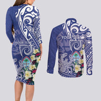 Personalised Hafa Adai Guam Couples Matching Long Sleeve Bodycon Dress and Long Sleeve Button Shirt Latte Stone With Coconut Crab