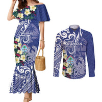 Personalised Hafa Adai Guam Couples Matching Mermaid Dress and Long Sleeve Button Shirt Latte Stone With Coconut Crab