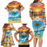 Guam Family Matching Long Sleeve Bodycon Dress and Hawaiian Shirt Eternal Summer Sunset Beach