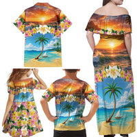 Guam Family Matching Off Shoulder Maxi Dress and Hawaiian Shirt Eternal Summer Sunset Beach