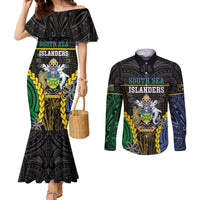Personalised South Sea Islanders And Solomon Islands Couples Matching Mermaid Dress and Long Sleeve Button Shirt Kanakas Polynesian Pattern LT05 Black - Polynesian Pride