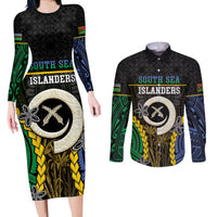 Personalised South Sea Islanders And Vanuatu Couples Matching Long Sleeve Bodycon Dress and Long Sleeve Button Shirt Kanakas Sand Drawing Pattern LT05 Black - Polynesian Pride