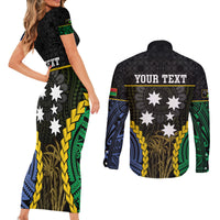Personalised South Sea Islanders And Vanuatu Couples Matching Short Sleeve Bodycon Dress and Long Sleeve Button Shirt Kanakas Sand Drawing Pattern LT05 - Polynesian Pride