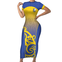Custom James Cook High School Family Matching Short Sleeve Bodycon Dress and Hawaiian Shirt Maori Koru Pattern LT05 Mom's Dress Blue - Polynesian Pride