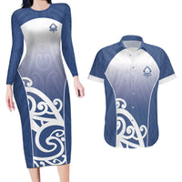 Custom New Zealand Aotea College Couples Matching Long Sleeve Bodycon Dress and Hawaiian Shirt Maori Koru Pattern LT05 Blue - Polynesian Pride