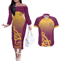 Custom Waiuku College Couples Matching Off The Shoulder Long Sleeve Dress and Hawaiian Shirt Maori Koru Pattern LT05 Maroon - Polynesian Pride