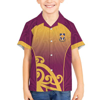 Custom Waiuku College Family Matching Off The Shoulder Long Sleeve Dress and Hawaiian Shirt Maori Koru Pattern LT05 Son's Shirt Maroon - Polynesian Pride
