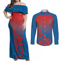 Custom St Joseph's Maori Girls' College Couples Matching Off Shoulder Maxi Dress and Long Sleeve Button Shirt Maori Koru Pattern LT05 Blue - Polynesian Pride
