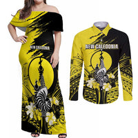 Personalised New Caledonia Day Couples Matching Off Shoulder Maxi Dress and Long Sleeve Button Shirt Kanaky Flag Coat Of Arms Polynesian Pattern LT05 Yellow - Polynesian Pride