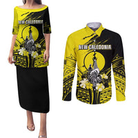 Personalised New Caledonia Day Couples Matching Puletasi and Long Sleeve Button Shirt Kanaky Flag Coat Of Arms Polynesian Pattern LT05 Yellow - Polynesian Pride