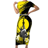 Personalised New Caledonia Day Family Matching Short Sleeve Bodycon Dress and Hawaiian Shirt Kanaky Flag Coat Of Arms Polynesian Pattern LT05 Mom's Dress Yellow - Polynesian Pride