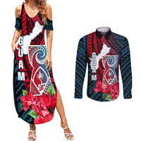 Personalized Guam Couples Matching Summer Maxi Dress and Long Sleeve Button Shirts Latte Stone Mix Bougainvillea Polynesian Pattern LT05 Blue - Polynesian Pride