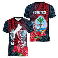 Personalized Guam Women V Neck T Shirt Latte Stone Mix Bougainvillea Polynesian Pattern LT05 - Polynesian Pride