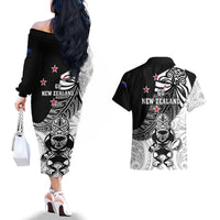 New Zealand Silver Fern Rugby Couples Matching Off The Shoulder Long Sleeve Dress and Hawaiian Shirt World Cup 2023 Go Aotearoa Maori Pattern LT05 - Polynesian Pride