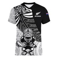 Custom New Zealand Fern Rugby Women V Neck T Shirt World Cup 2023 Go Aotearoa Maori Pattern LT05 Female Black - Polynesian Pride