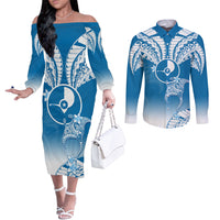 FSM Yap Constitution Day Couples Matching Off The Shoulder Long Sleeve Dress and Long Sleeve Button Shirt Polynesian Batoids LT05 Blue - Polynesian Pride