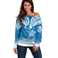 FSM Yap Constitution Day Off Shoulder Sweater Polynesian Batoids LT05 Women Blue - Polynesian Pride