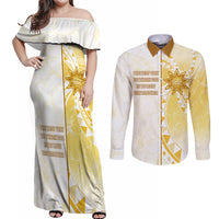 Personalised Polynesia Couples Matching Off Shoulder Maxi Dress and Long Sleeve Button Shirt Bahai Faith Symbol LT05 Yellow - Polynesian Pride