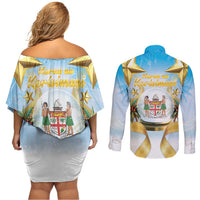 Fiji Christmas Couples Matching Off Shoulder Short Dress and Long Sleeve Button Shirt Snow Globe With Fijian Santa LT05