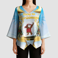 Fiji Christmas Kimono Sleeve Blouse Snow Globe With Fijian Santa LT05