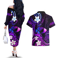 Personalised Hawaii Humuhumu Reef Triggerfish Couples Matching Off The Shoulder Long Sleeve Dress and Hawaiian Shirt Violet With Plumeria LT05 - Polynesian Pride