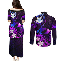 Personalised Hawaii Humuhumu Reef Triggerfish Couples Matching Puletasi and Long Sleeve Button Shirt Violet With Plumeria LT05 - Polynesian Pride