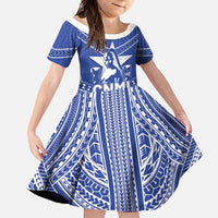 Northern Mariana Islands Family Matching Off Shoulder Maxi Dress and Hawaiian Shirt Chamorro Warrior Tribal Pattern LT05 Daughter's Dress Blue - Polynesian Pride
