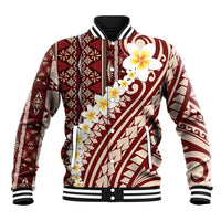 Red Vintage Tonga Ngatu Pattern With Plumeria Baseball Jacket - Polynesian Pride