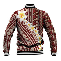 Red Vintage Tonga Ngatu Pattern With Plumeria Baseball Jacket - Polynesian Pride