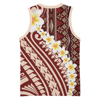 Red Vintage Tonga Ngatu Pattern With Plumeria Basketball Jersey - Polynesian Pride