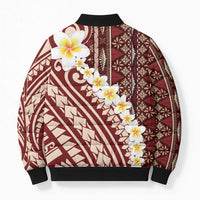 Red Vintage Tonga Ngatu Pattern With Plumeria Bomber Puffer Jacket - Polynesian Pride