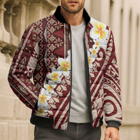 Red Vintage Tonga Ngatu Pattern With Plumeria Bomber Puffer Jacket - Polynesian Pride