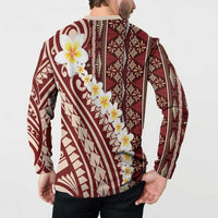 Red Vintage Tonga Ngatu Pattern With Plumeria Button Sweatshirt - Polynesian Pride