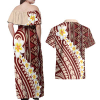 Red Vintage Tonga Ngatu Pattern With Plumeria Couples Matching Off Shoulder Maxi Dress and Hawaiian Shirt - Polynesian Pride