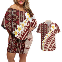 Red Vintage Tonga Ngatu Pattern With Plumeria Couples Matching Off Shoulder Short Dress and Hawaiian Shirt - Polynesian Pride