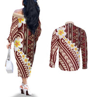 Red Vintage Tonga Ngatu Pattern With Plumeria Couples Matching Off The Shoulder Long Sleeve Dress and Long Sleeve Button Shirt - Polynesian Pride