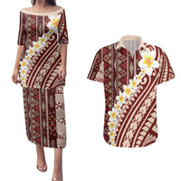 Red Vintage Tonga Ngatu Pattern With Plumeria Couples Matching Puletasi and Hawaiian Shirt - Polynesian Pride