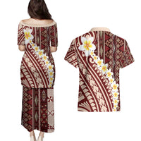 Red Vintage Tonga Ngatu Pattern With Plumeria Couples Matching Puletasi and Hawaiian Shirt - Polynesian Pride