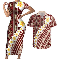 Red Vintage Tonga Ngatu Pattern With Plumeria Couples Matching Short Sleeve Bodycon Dress and Hawaiian Shirt - Polynesian Pride