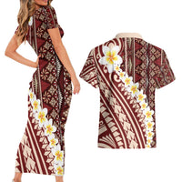 Red Vintage Tonga Ngatu Pattern With Plumeria Couples Matching Short Sleeve Bodycon Dress and Hawaiian Shirt - Polynesian Pride