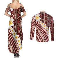 Red Vintage Tonga Ngatu Pattern With Plumeria Couples Matching Summer Maxi Dress and Long Sleeve Button Shirt - Polynesian Pride
