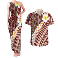 Red Vintage Tonga Ngatu Pattern With Plumeria Couples Matching Tank Maxi Dress and Hawaiian Shirt - Polynesian Pride