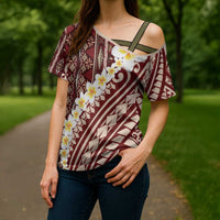 Red Vintage Tonga Ngatu Pattern With Plumeria Cross Shoulder Shirt - Polynesian Pride