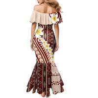 Red Vintage Tonga Ngatu Pattern With Plumeria Family Matching Mermaid Dress and Hawaiian Shirt - Polynesian Pride