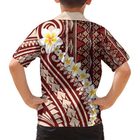 Red Vintage Tonga Ngatu Pattern With Plumeria Family Matching Puletasi and Hawaiian Shirt - Polynesian Pride