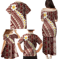 Red Vintage Tonga Ngatu Pattern With Plumeria Family Matching Puletasi and Hawaiian Shirt - Polynesian Pride