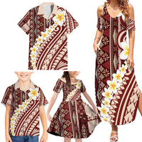 Red Vintage Tonga Ngatu Pattern With Plumeria Family Matching Summer Maxi Dress and Hawaiian Shirt - Polynesian Pride