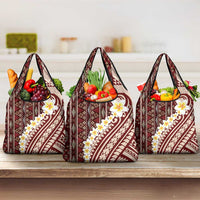 Red Vintage Tonga Ngatu Pattern With Plumeria Grocery Bag - Polynesian Pride
