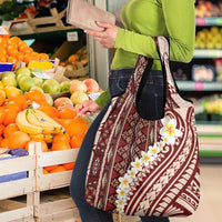 Red Vintage Tonga Ngatu Pattern With Plumeria Grocery Bag - Polynesian Pride