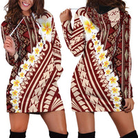 Red Vintage Tonga Ngatu Pattern With Plumeria Hoodie Dress - Polynesian Pride